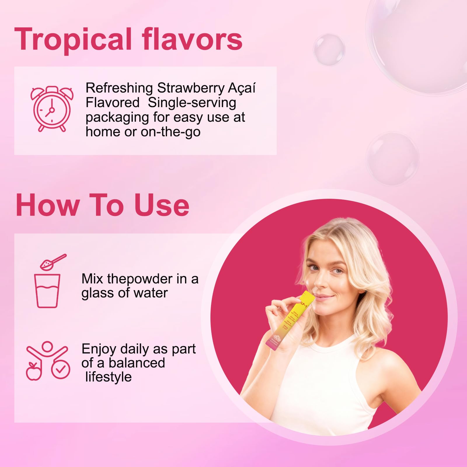 Lunivox GLP-1 Drink Mix – Dual-Action Prebiotic for Gut Wellness & Energy | Non-GMO, Gluten-Free & Vegan | Strawberry Açaí (30 Sticks)