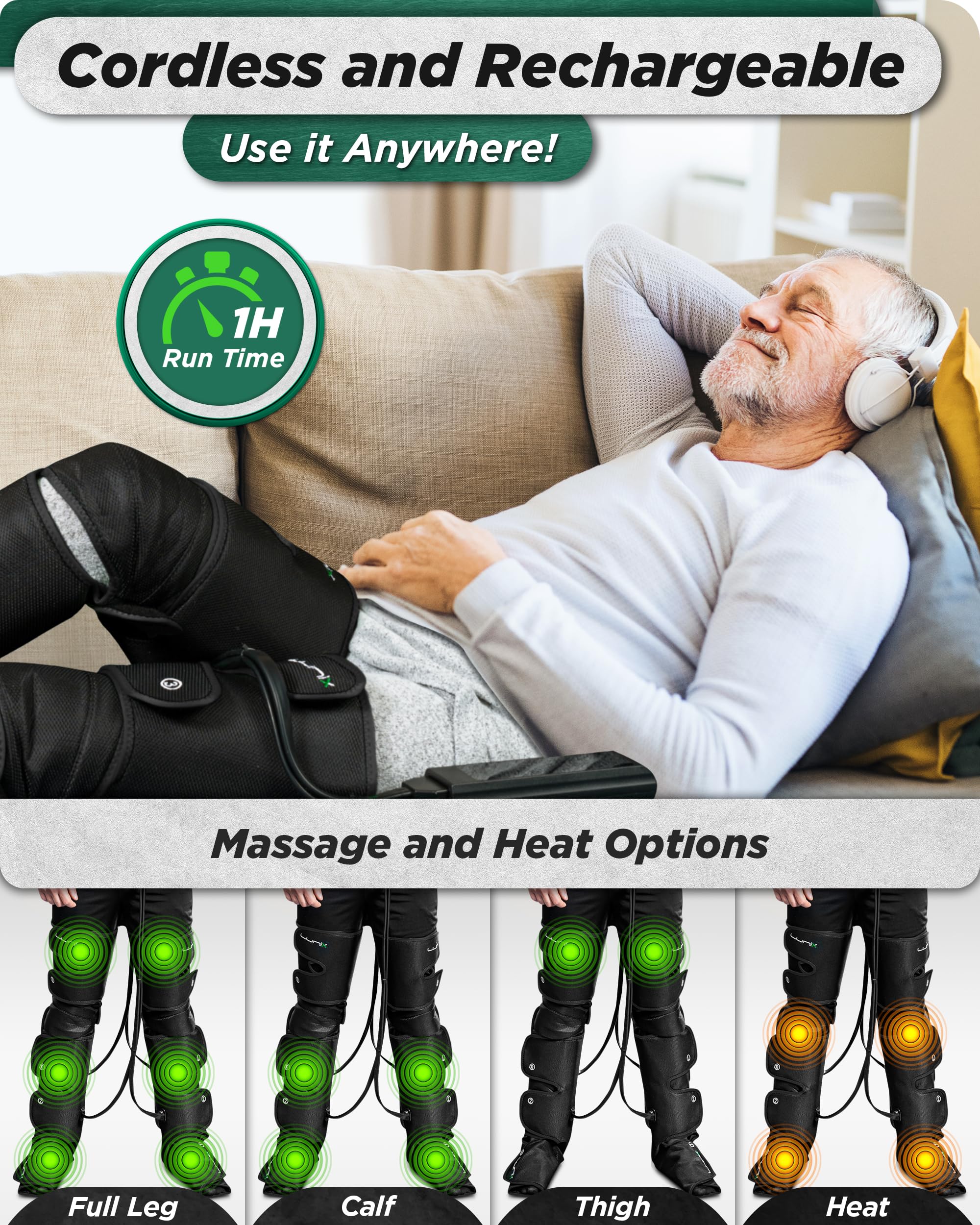 Lunix LX10 Full Leg Massager with Heat & Air Compression – Charcoal Black