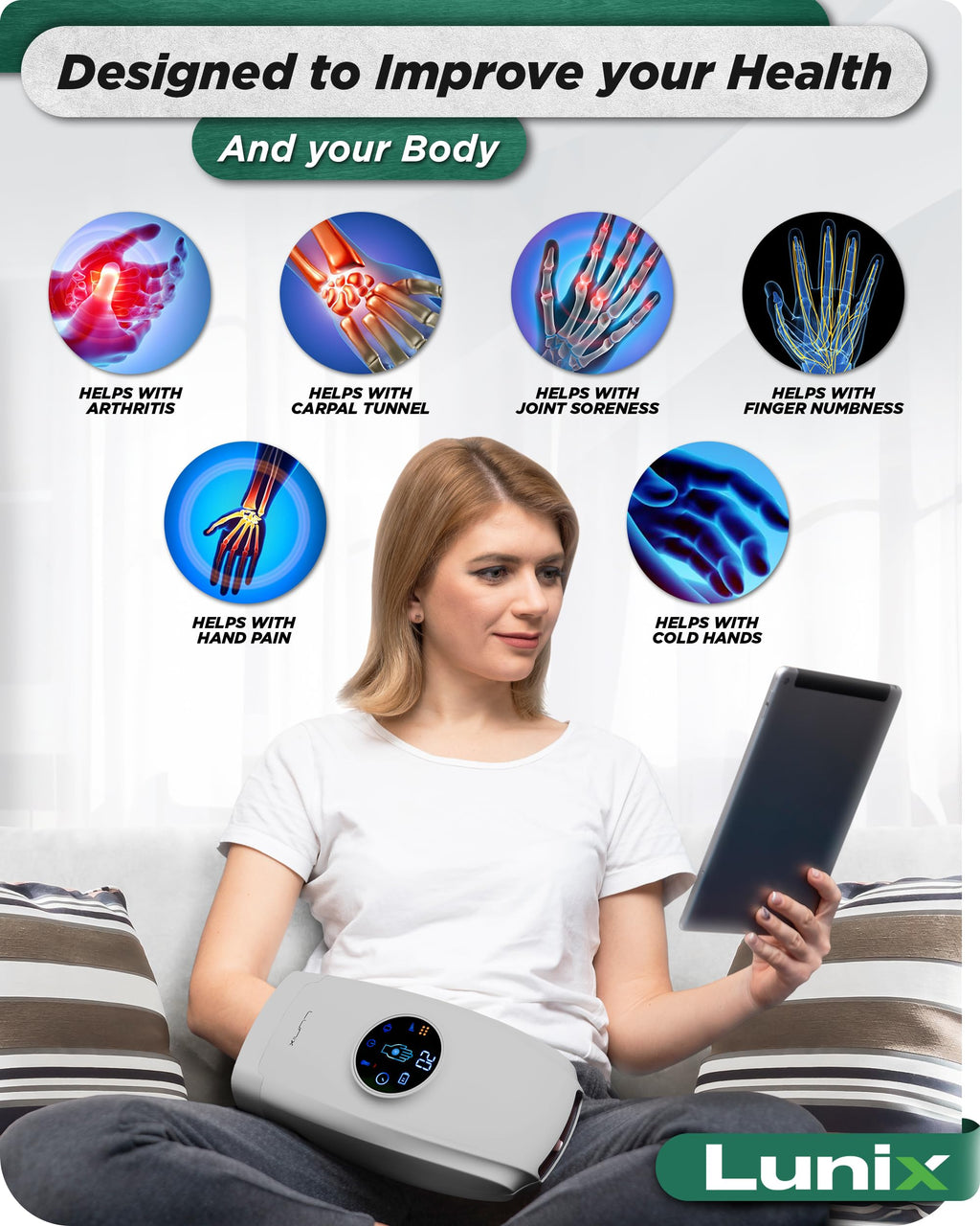 Lunix LX7 Hand Massager – LCD Touchscreen, Heated Air Compression, Cordless