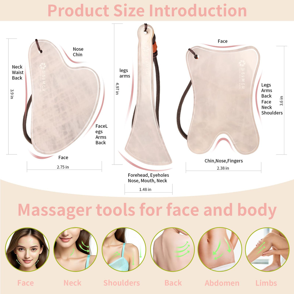 Lusomch Gua Sha Tools – 3Pcs Pink Jade Set for Face & Body
