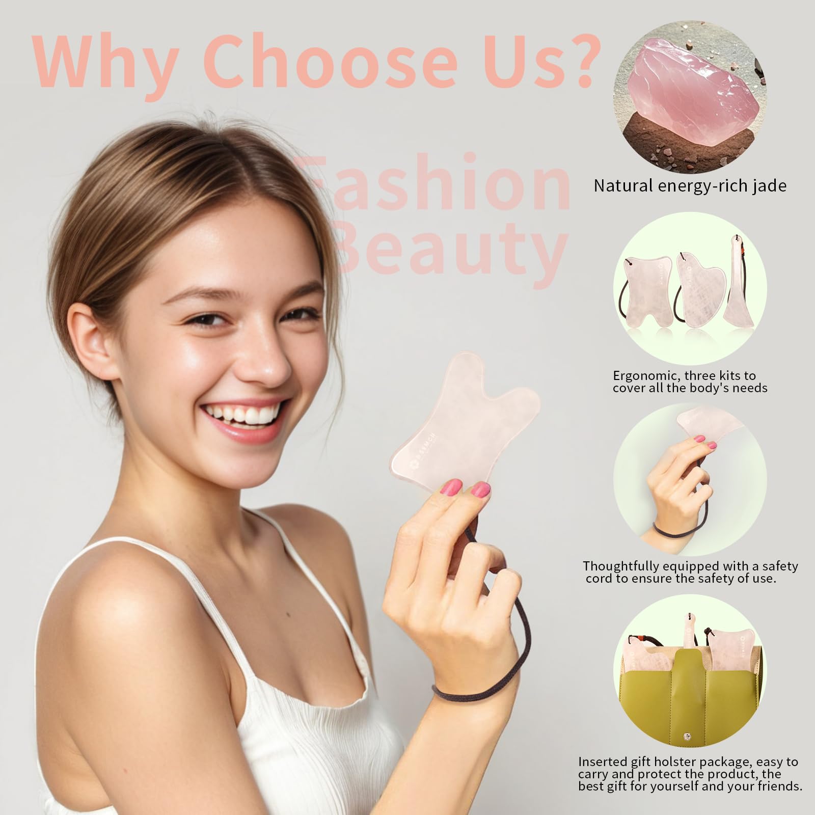 Lusomch Gua Sha Tools – 3Pcs Pink Jade Set for Face & Body