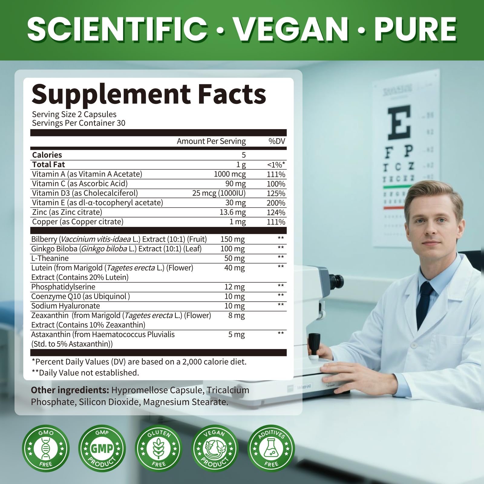 Lutein & Zeaxanthin AREDS 2 Eye Vitamins - Bilberry, Astaxanthin & Ginkgo - 60 Capsules