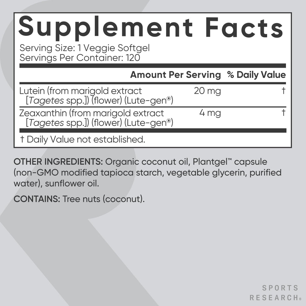 Sports Research Lutein & Zeaxanthin Capsules - Eye Health Support, 120 Veggie Softgels, Vegan & Non-GMO