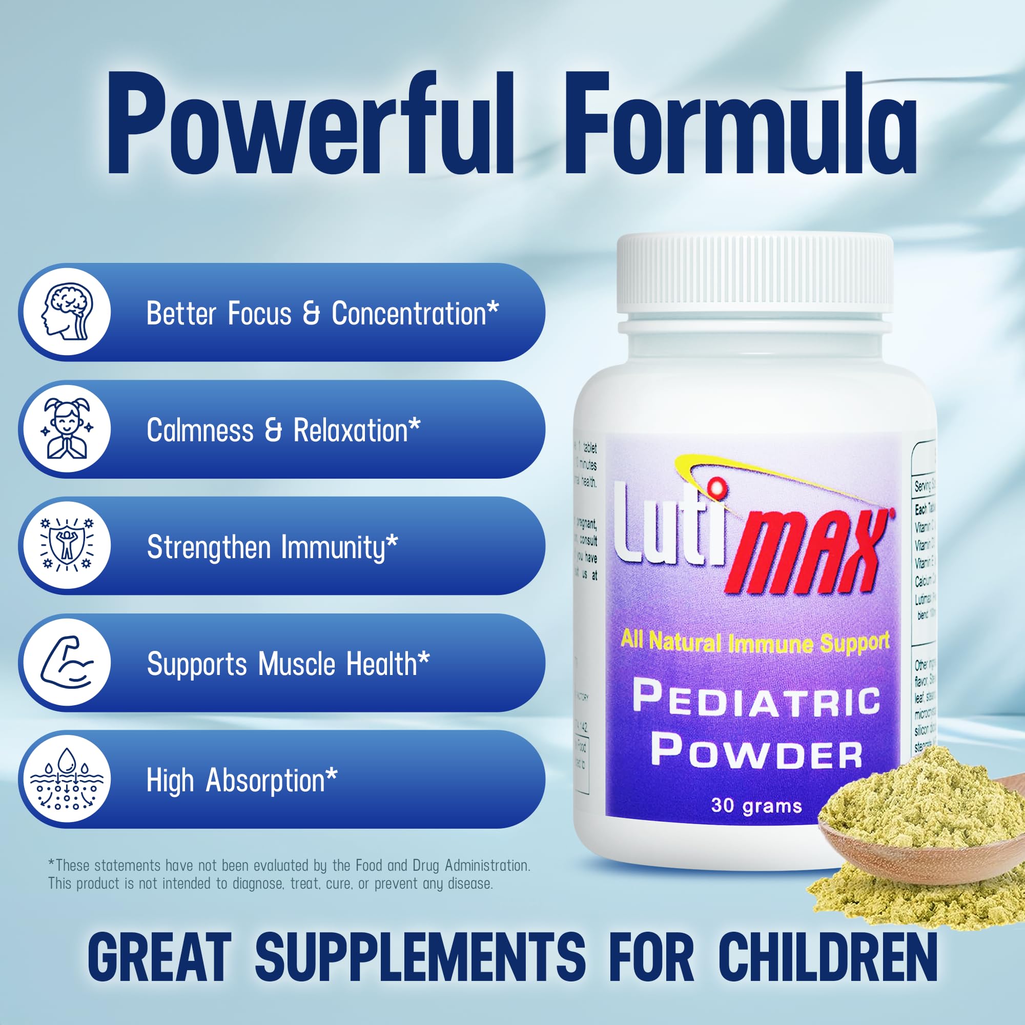 Lutimax Pediatric Powder – Luteolin & Rutin Brain Supplement for Kids | Memory, Focus, Immune & Muscle Support | 200 Servings