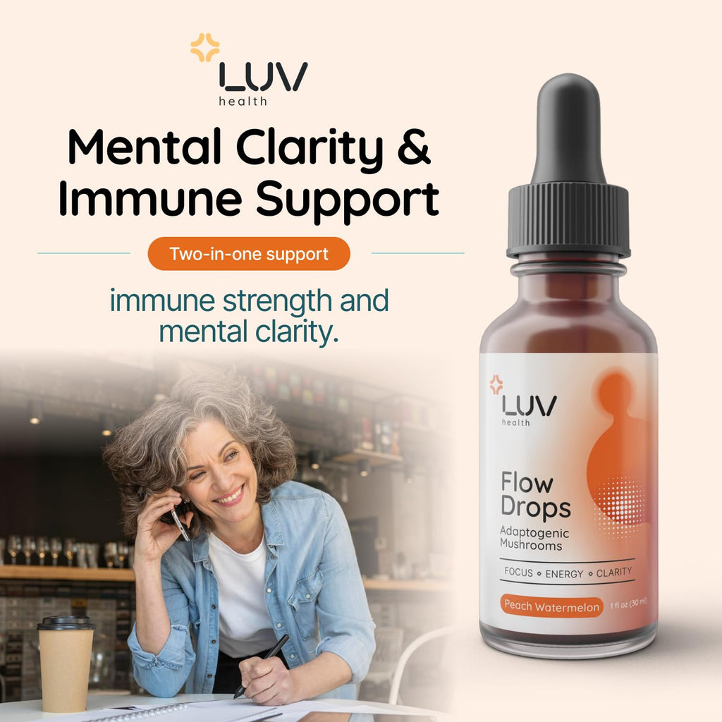 LUV health Flow Drops® – Energy & Focus with Adaptogenic Mushrooms | Vegan, Made in USA | 90 Servings