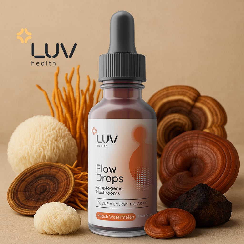 LUV health Flow Drops® – Energy & Focus with Adaptogenic Mushrooms | Vegan, Made in USA | 90 Servings