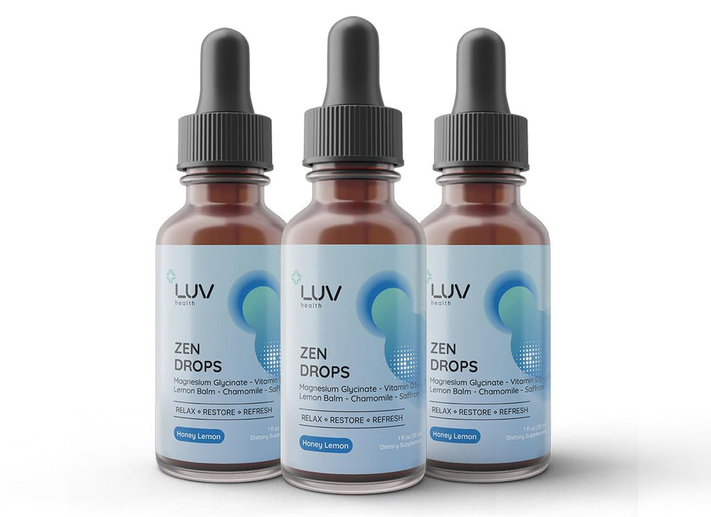 LUV Health Zen Drops 3Pack – Stress & Anxiety Support (Mag Glycinate, D3, L-Theanine) | Keto, Vegan, USA Made