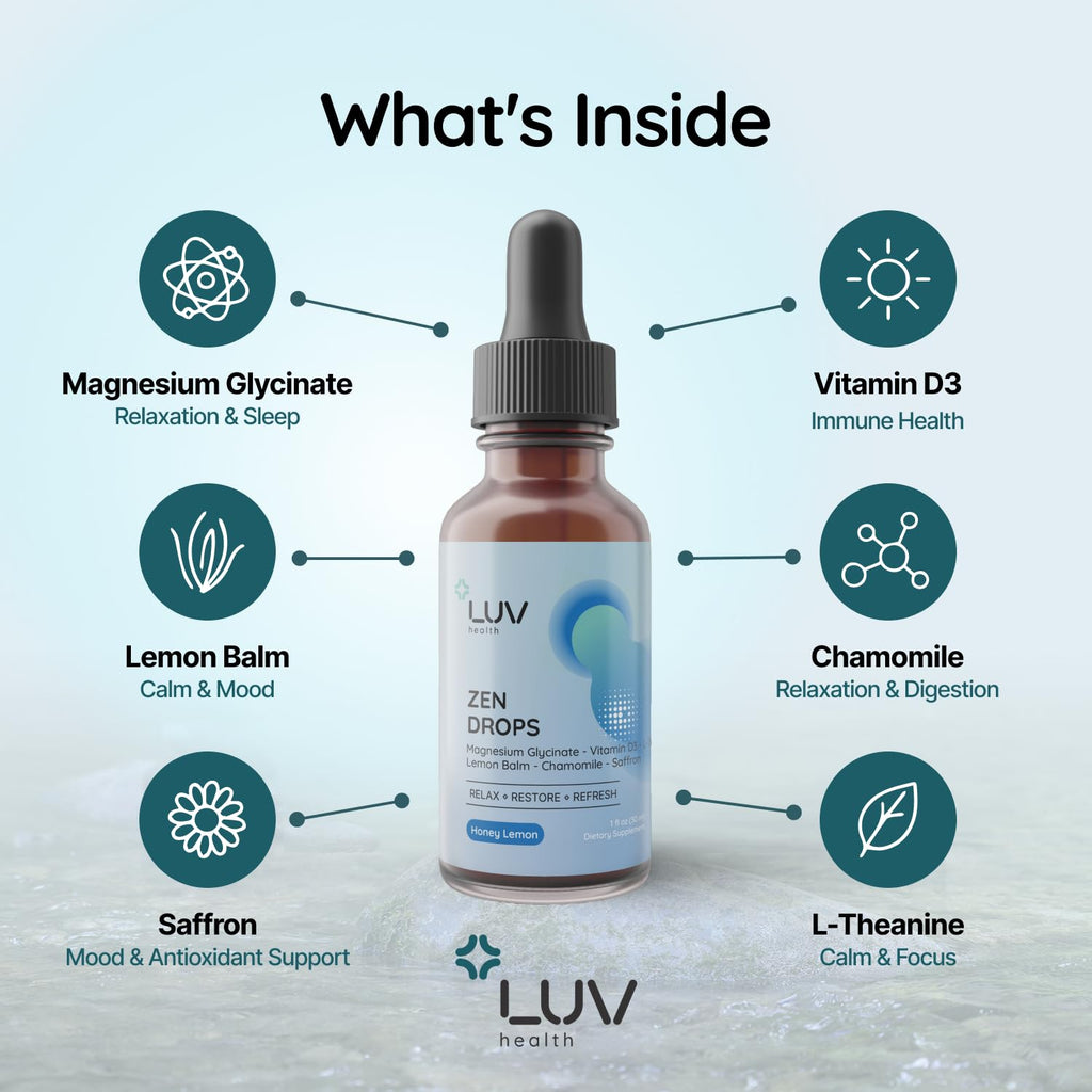 LUV Health Zen Drops 3Pack – Stress & Anxiety Support (Mag Glycinate, D3, L-Theanine) | Keto, Vegan, USA Made
