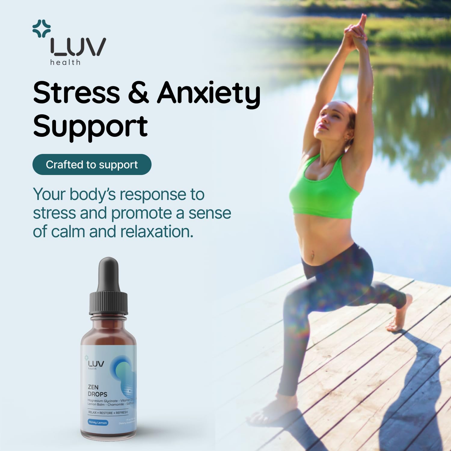 LUV Health Zen Drops 3Pack – Stress & Anxiety Support (Mag Glycinate, D3, L-Theanine) | Keto, Vegan, USA Made