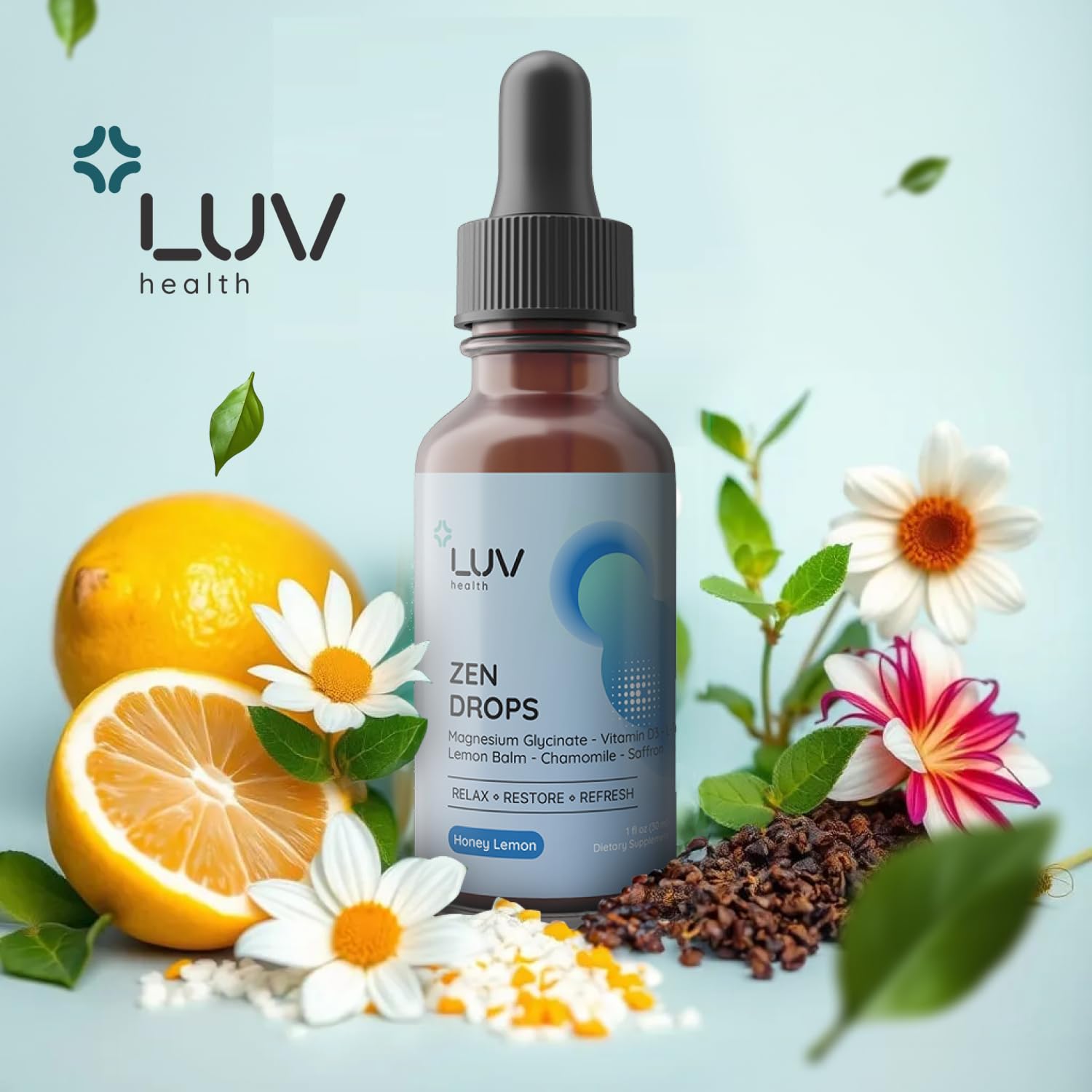 LUV Health Zen Drops 3Pack – Stress & Anxiety Support (Mag Glycinate, D3, L-Theanine) | Keto, Vegan, USA Made