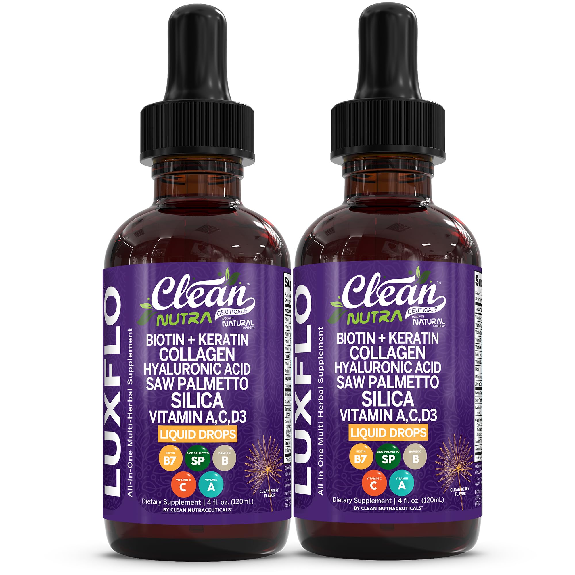 LuxGlo by Clean Nutra – Biotin Liquid Drops for Hair, Skin & Nails (Collagen, Keratin, Hyaluronic Acid) – 2 Pack