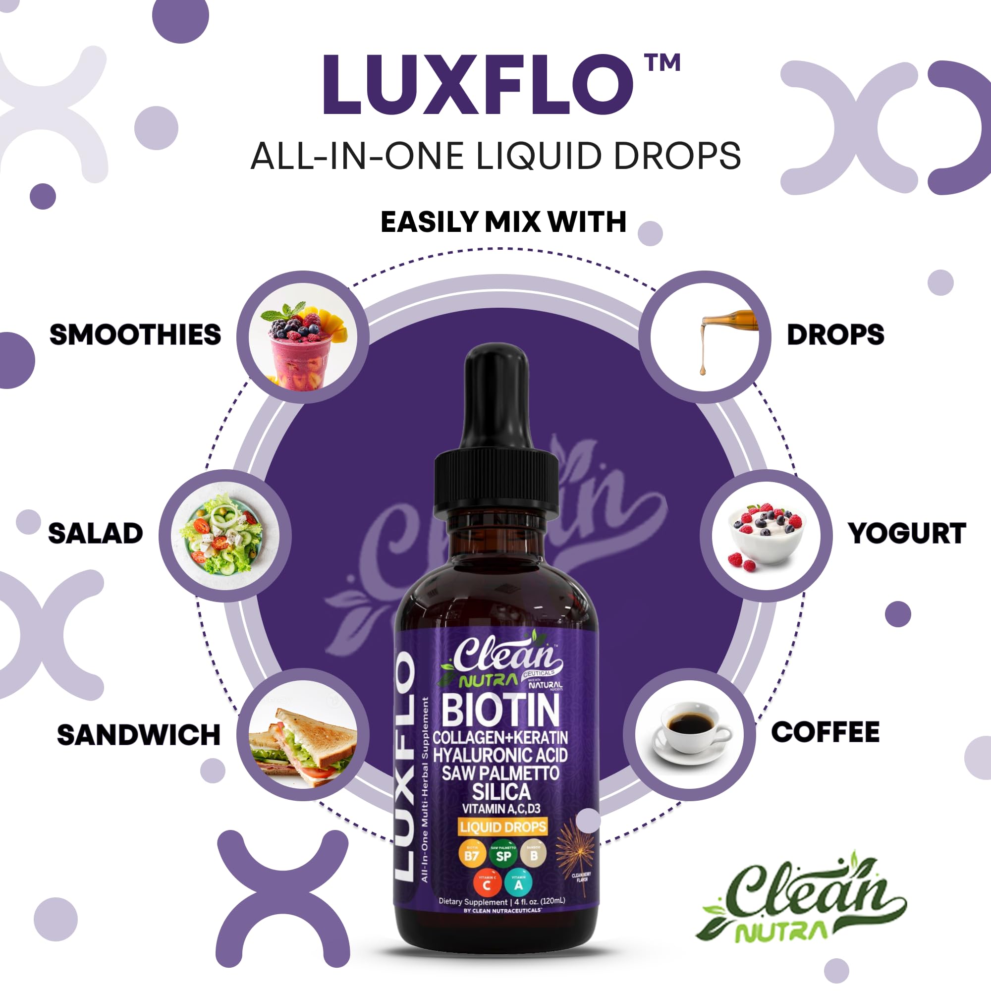 LuxGlo by Clean Nutra – Biotin Liquid Drops for Hair, Skin & Nails (Collagen, Keratin, Hyaluronic Acid) – 2 Pack