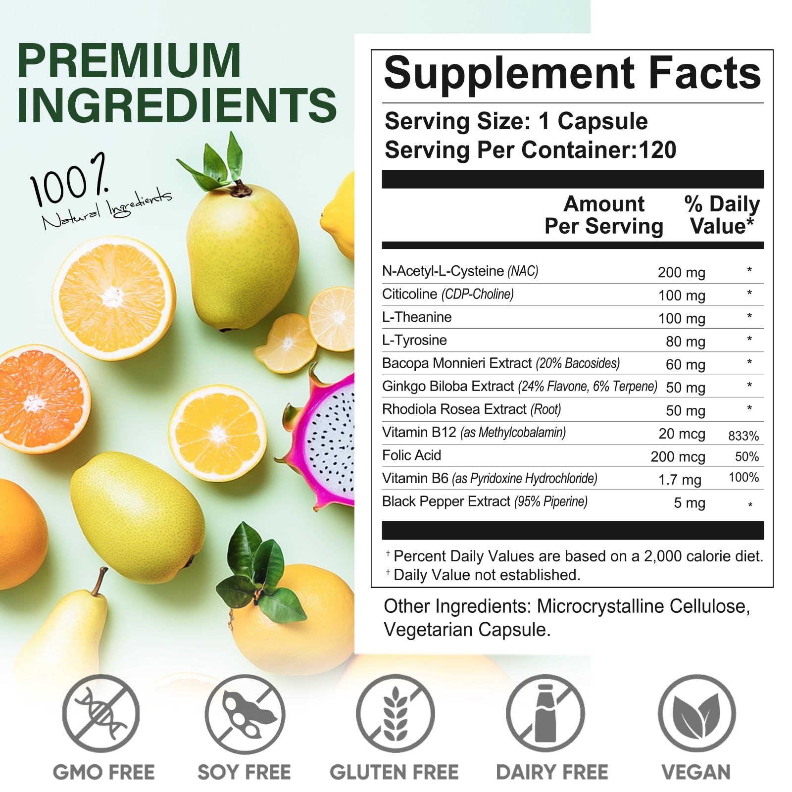 LUXHEALTH Brain Support - 120 Capsules | Memory & Focus with B12