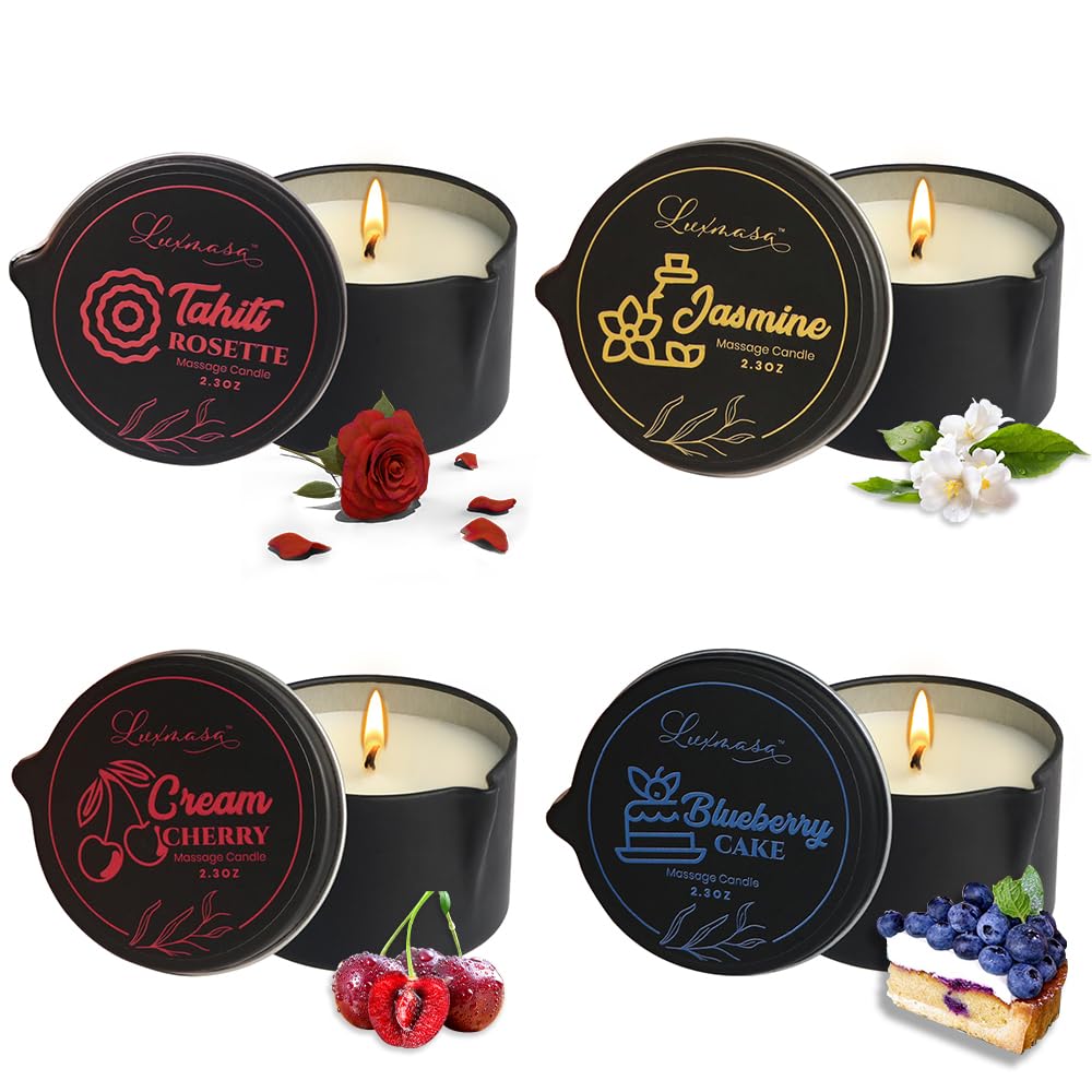 LUXMASA All Natural Scented Massage Candle Set – 4x2.35oz (9.4oz) Tahiti, Jasmine, Cream Cherry, Blueberry Cake