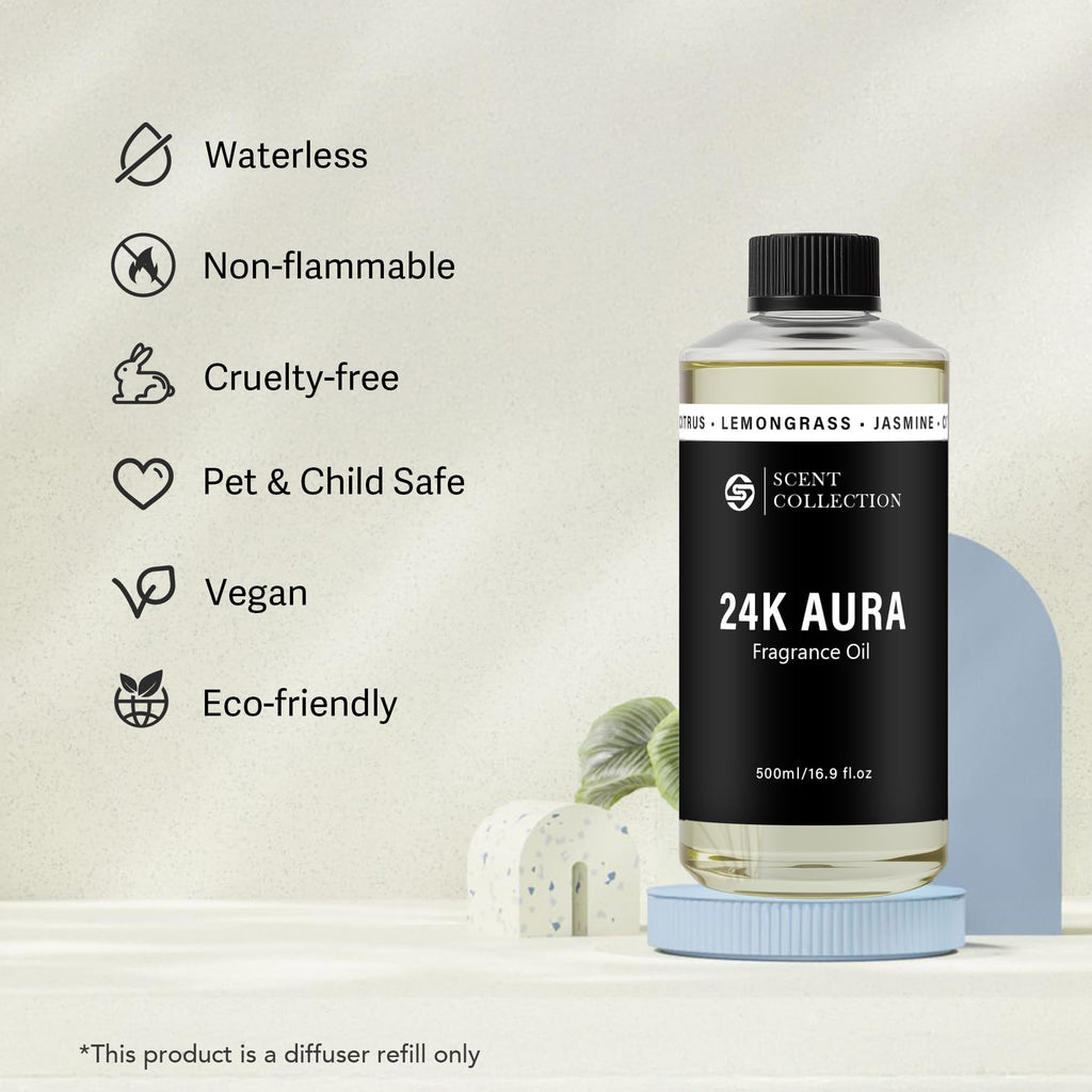 Luxury Hotel Scent Diffuser Oil – 24K Aura Lemongrass (500ml) Waterless, Non-Toxic for Large Rooms, Cars & Home