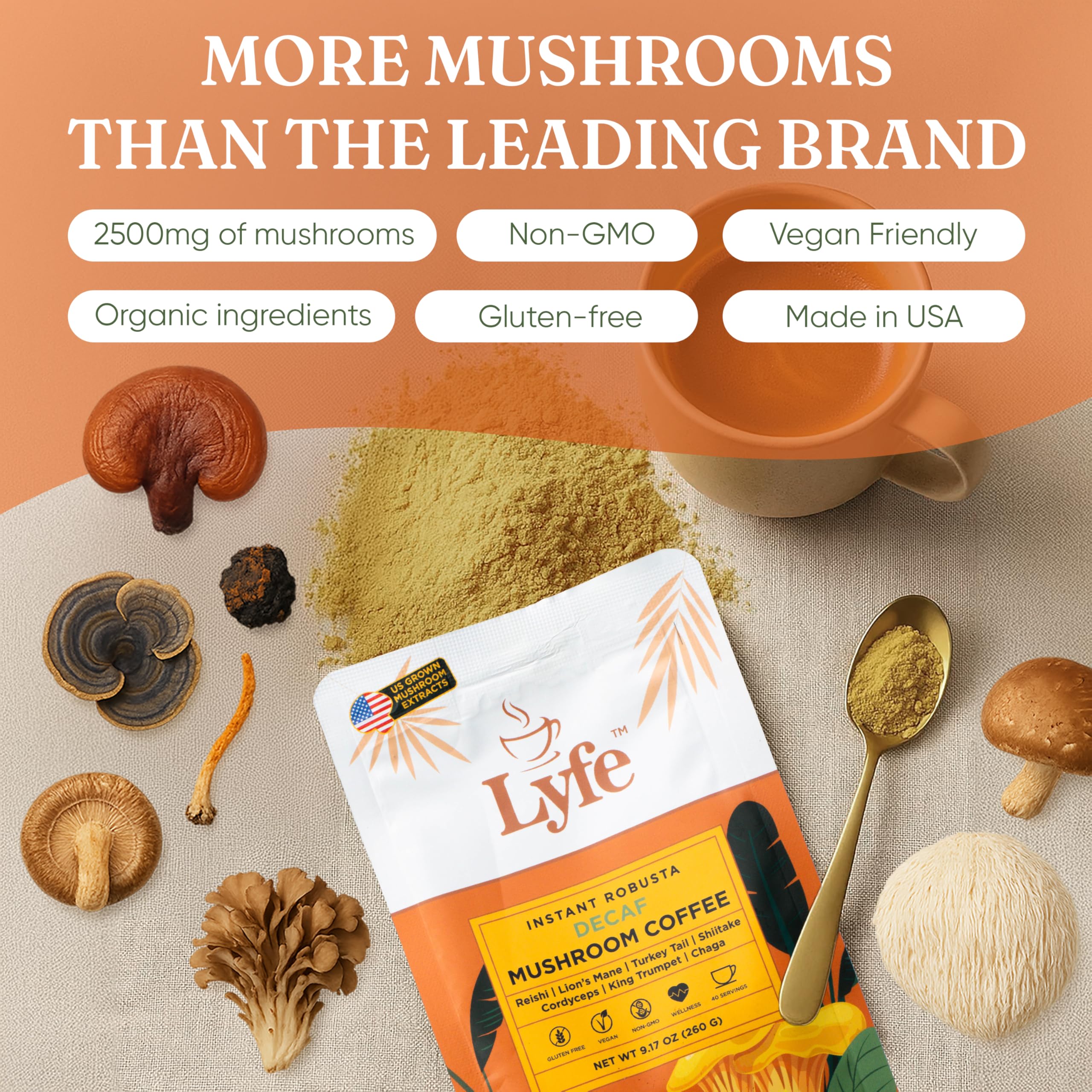 LYFE Organic Instant Decaf Mushroom Coffee – 40 Servings | Lion’s Mane, Chaga, Cordyceps & Turkey Tail