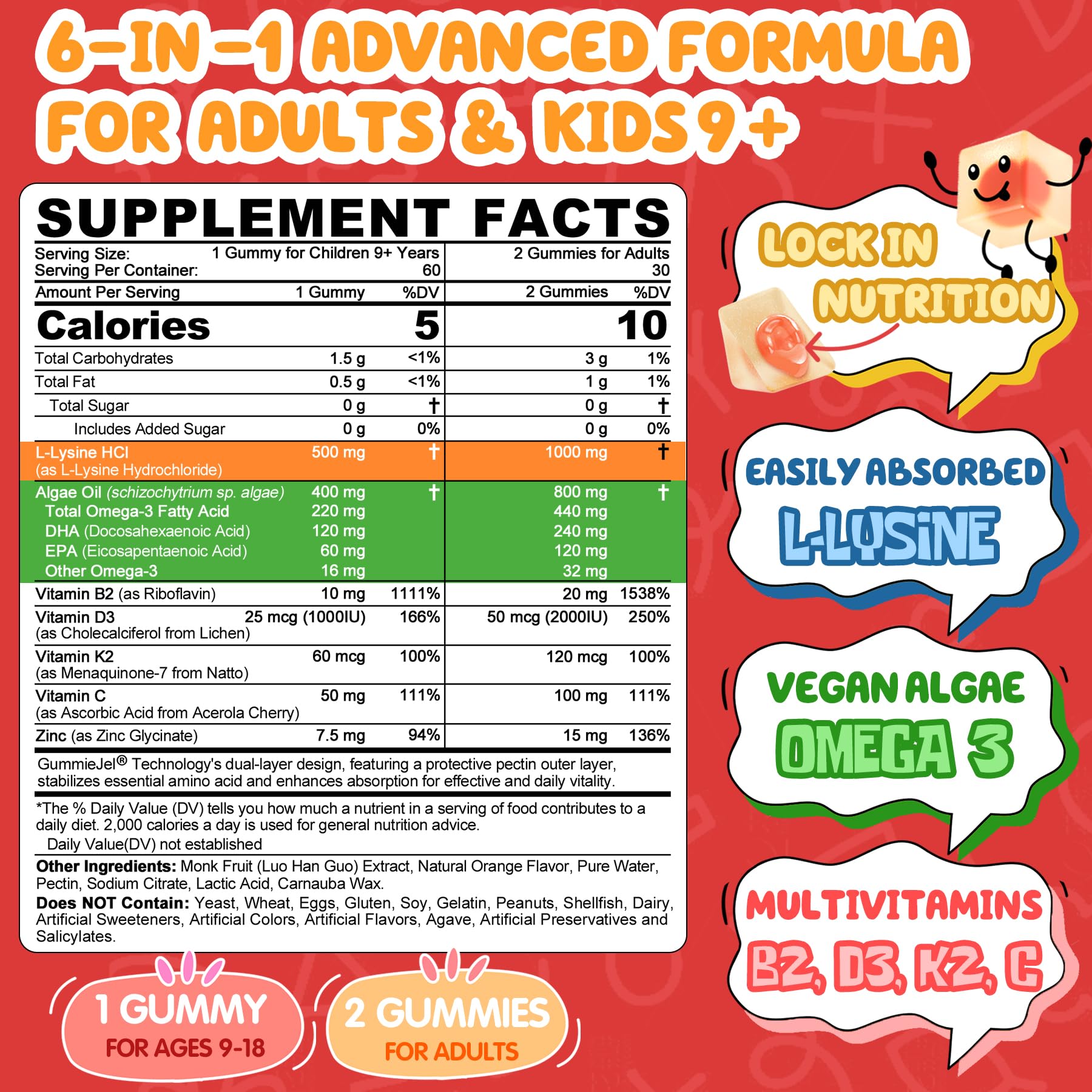 L-Lysine Gummies 500/1000mg with Algae Omega-3, B2, D3, K2, C – Sugar Free for Kids 9+, Teens & Adults