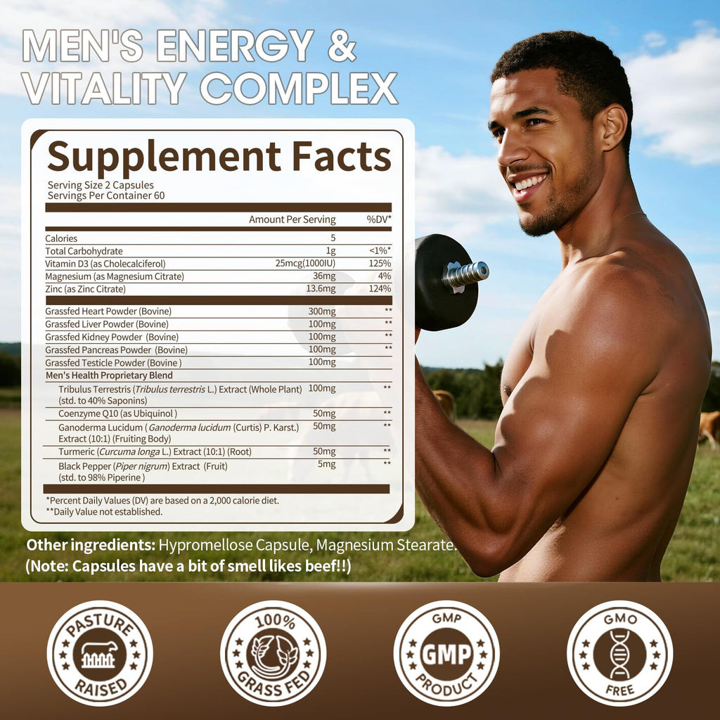 M inch Beef Organs Supplement for Men – Liver, Heart, Kidney, Pancreas with CoQ10 & Tribulus, 240 Count