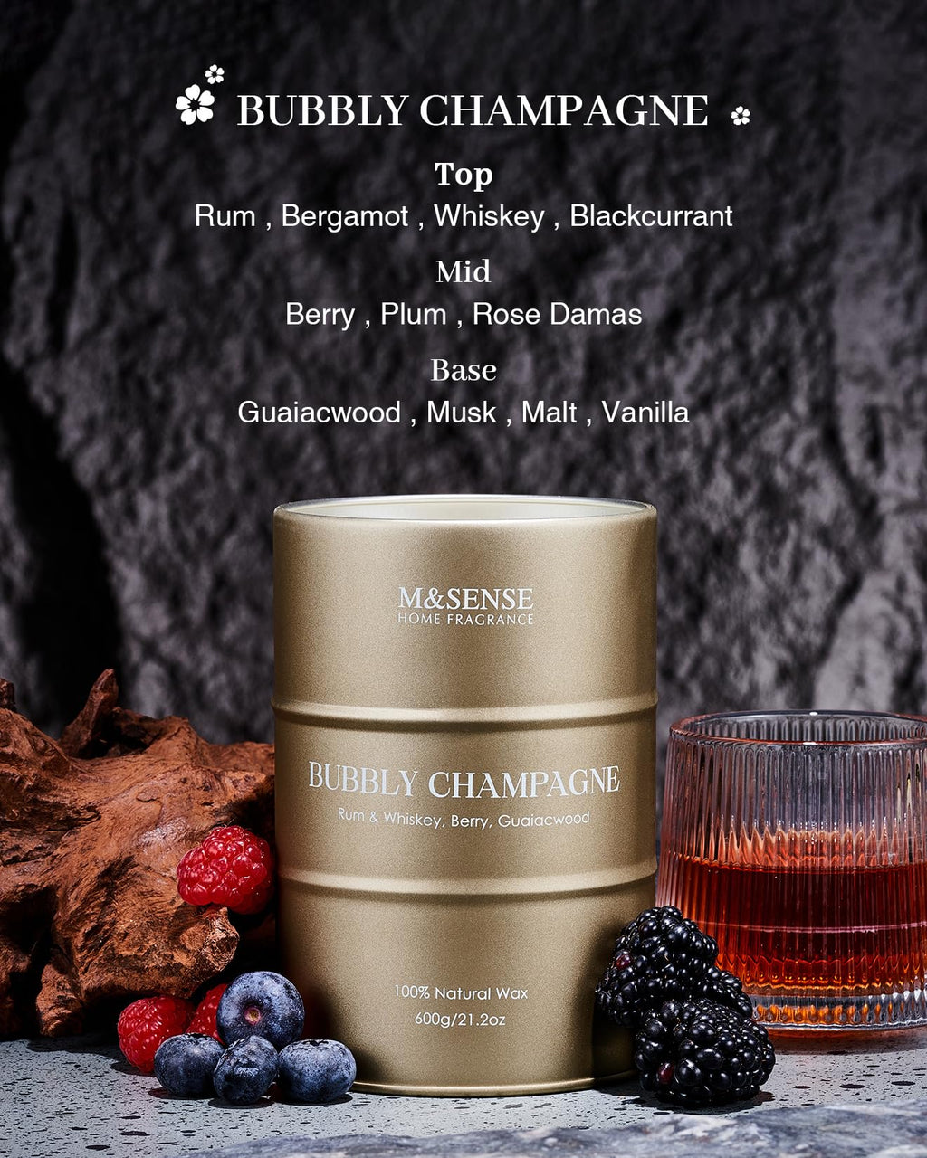 M&SENSE Bubbly Champagne Large Candle – Natural Soy Wax, 120h Burn