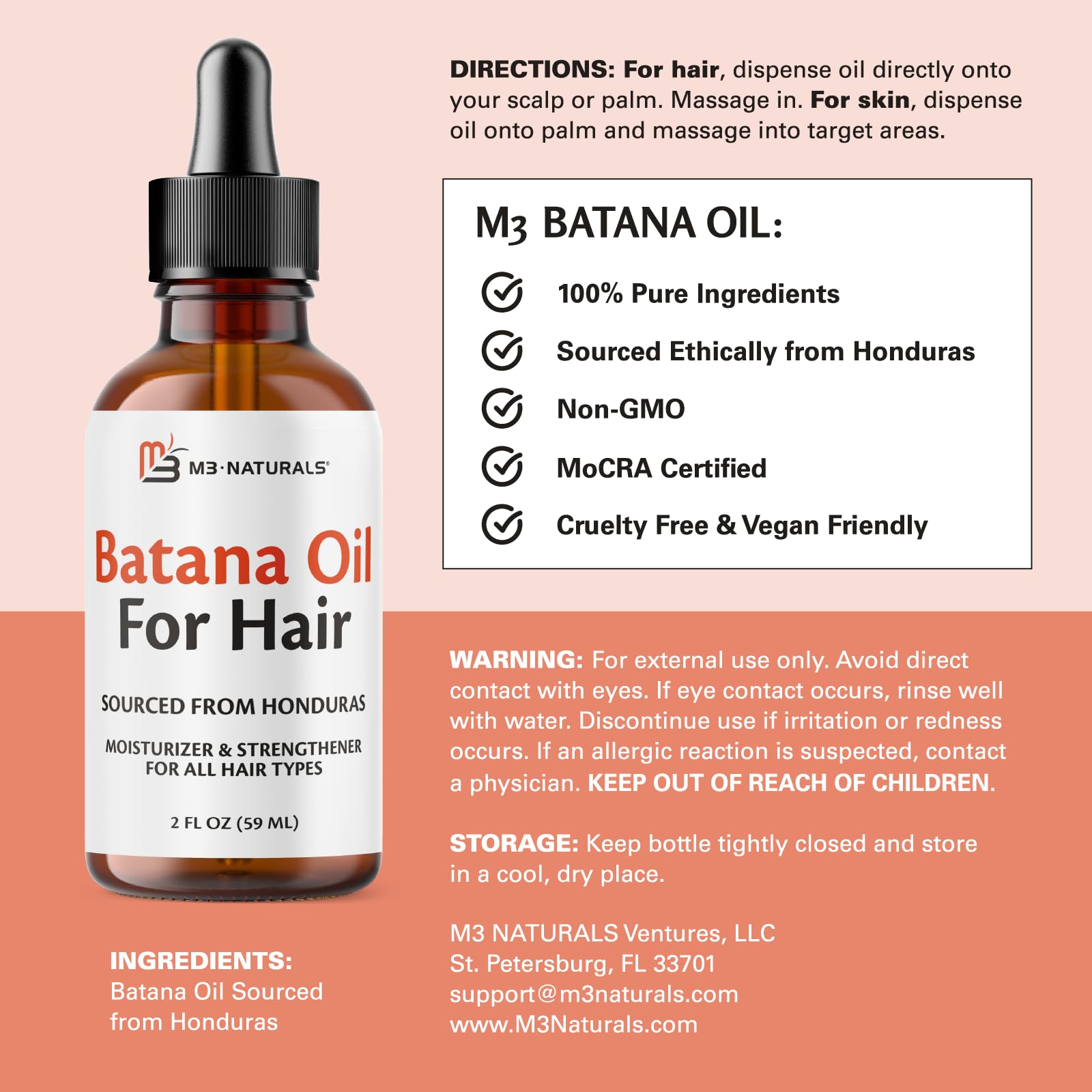 M3 Naturals Vegan Batana Oil – Unrefined, 100% Pure, 2 FL OZ