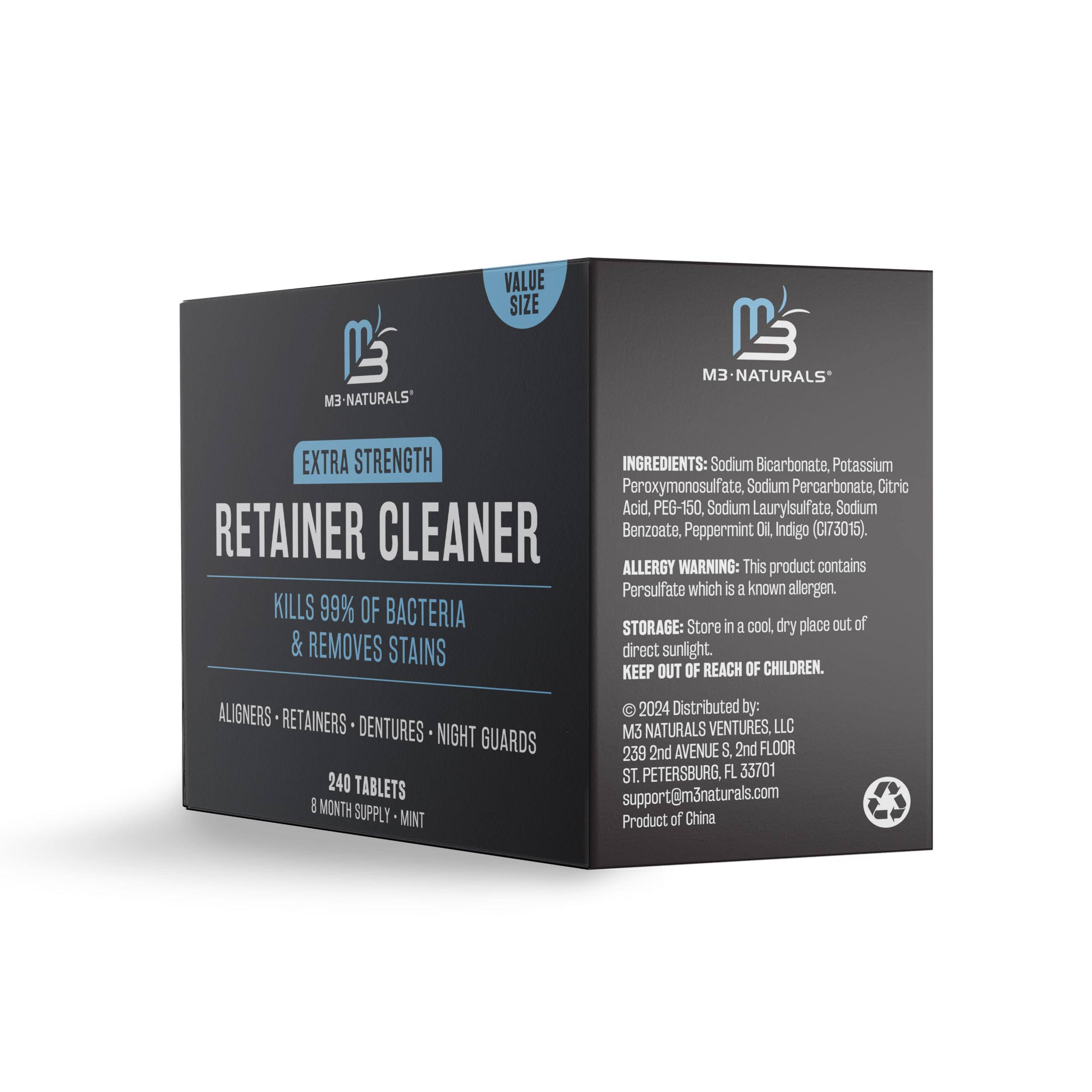 M3 Naturals Retainer and Denture Cleanser – 240 Tablets for Invisalign, Mouth Guards, and Removable Dental Appliances