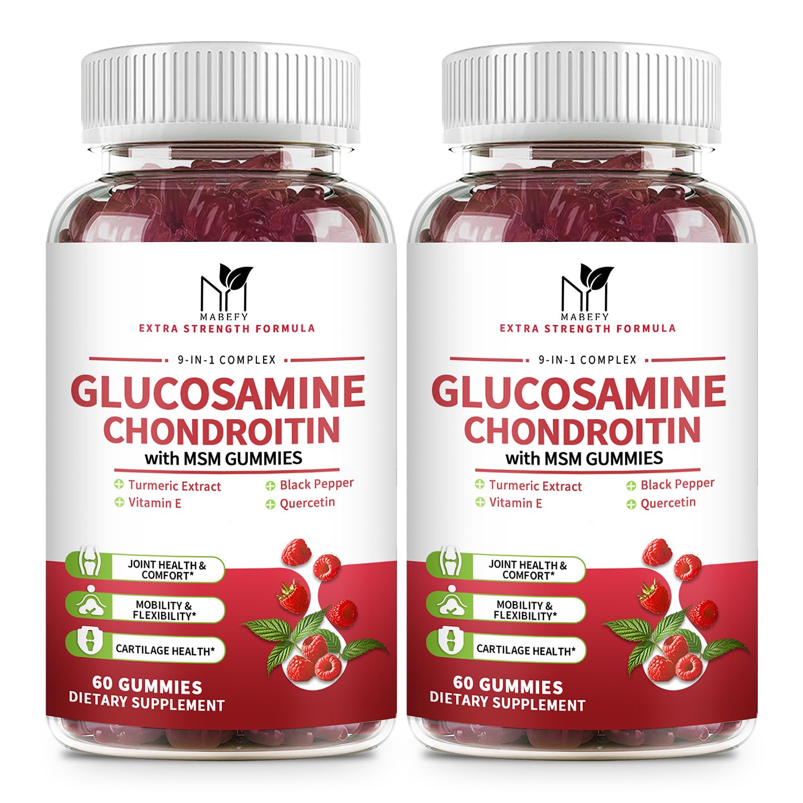 MABEFY 2 Pack Glucosamine Chondroitin Gummies – 1000mg Glucosamine, 750mg Chondroitin, MSM, Turmeric, Quercetin, Vitamin E – Joint Health Raspberry