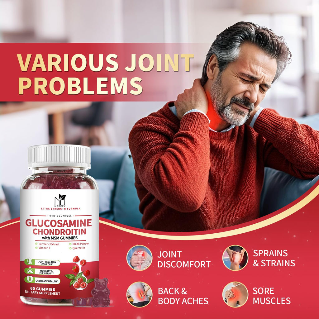 MABEFY 2 Pack Glucosamine Chondroitin Gummies – 1000mg Glucosamine, 750mg Chondroitin, MSM, Turmeric, Quercetin, Vitamin E – Joint Health Raspberry