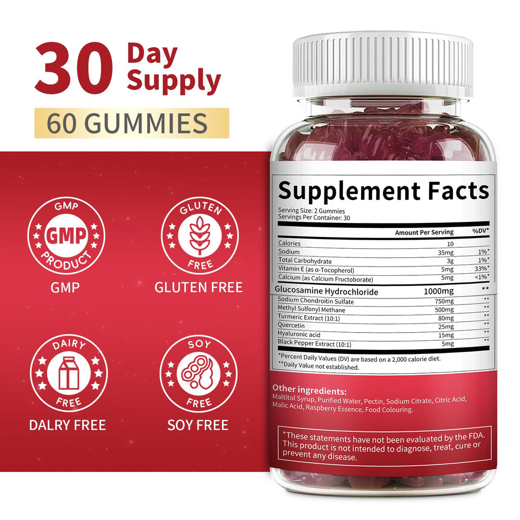 MABEFY 2 Pack Glucosamine Chondroitin Gummies – 1000mg Glucosamine, 750mg Chondroitin, MSM, Turmeric, Quercetin, Vitamin E – Joint Health Raspberry