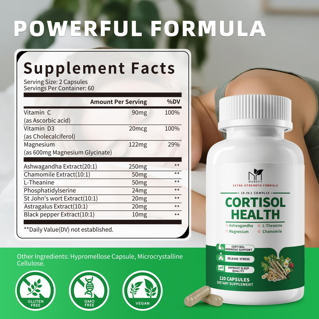 MABEFY 10-in-1 Cortisol Support for Women & Men – Stress, Sleep & Mood (60 Capsules)