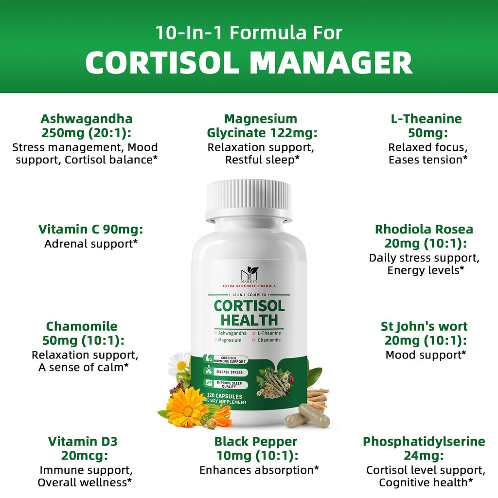 MABEFY 10-in-1 Cortisol Support for Women & Men – Stress, Sleep & Mood (60 Capsules)