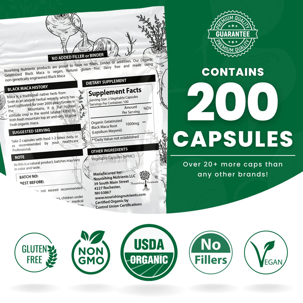 Organic Gelatinized Black Maca – 200 Capsules (1000 mg each) for Energy, Focus & Endurance