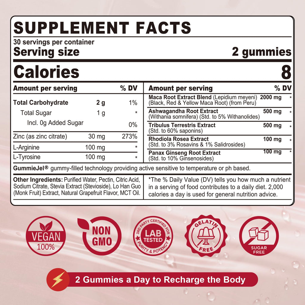 Maca Root Filled Gummies 2000mg for Women & Men – Sugar Free, Ashwagandha & Zinc | Grapefruit Flavor (60 Count)
