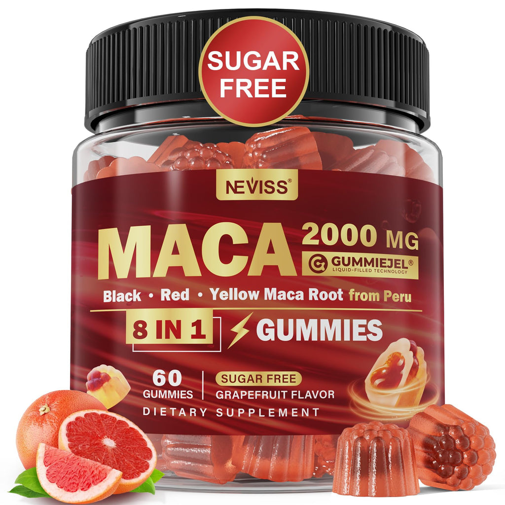 Maca Root Filled Gummies 2000mg for Women & Men – Sugar Free, Ashwagandha & Zinc | Grapefruit Flavor (60 Count)
