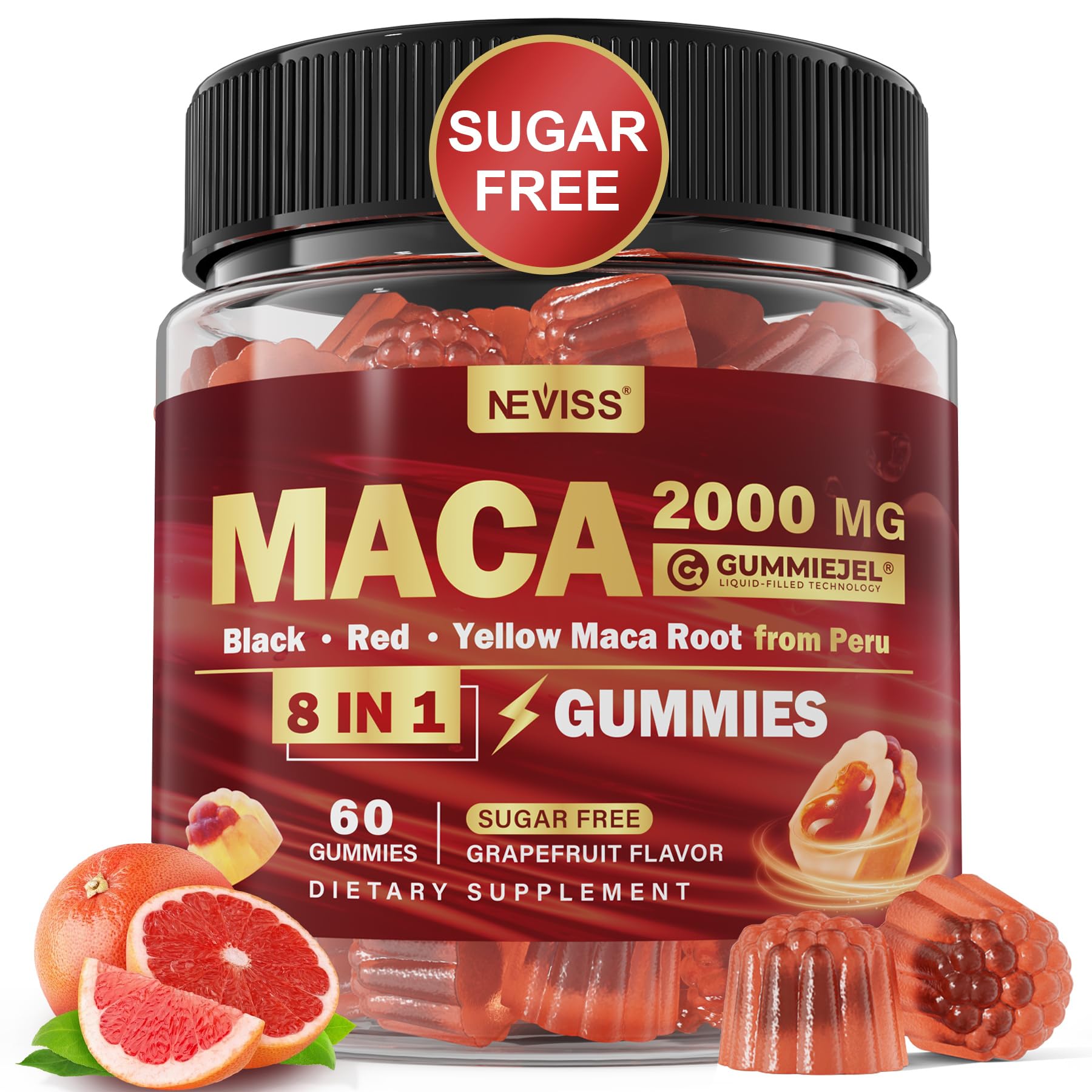 Maca Root Filled Gummies 2000mg for Women & Men – Sugar Free, Ashwagandha & Zinc | Grapefruit Flavor (60 Count)