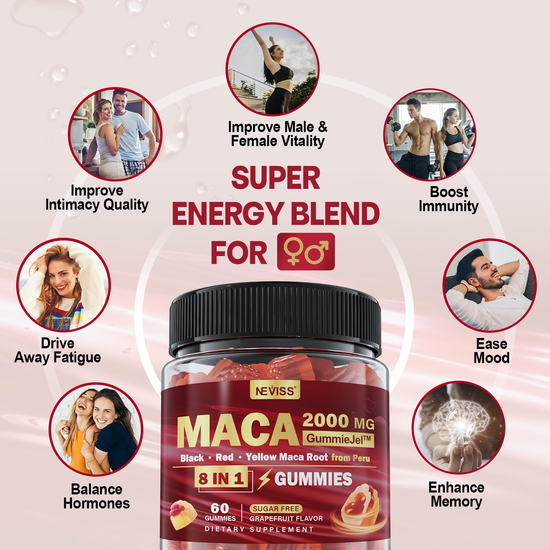 Maca Root Filled Gummies 2000mg for Women & Men – Sugar Free, Ashwagandha & Zinc | Grapefruit Flavor (60 Count)