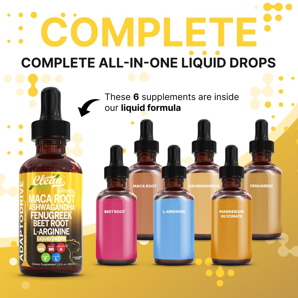 Clean Nutra Maca Root Liquid Drops - Ashwagandha, Beet & L-Arginine | For Women & Men | Adapto Drive