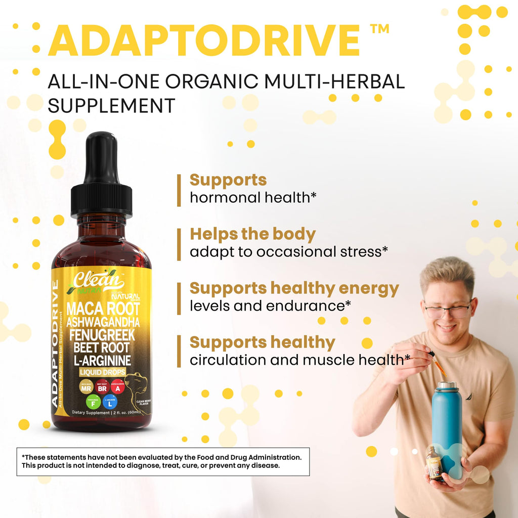Clean Nutra Maca Root Liquid Drops - Ashwagandha, Beet & L-Arginine | For Women & Men | Adapto Drive