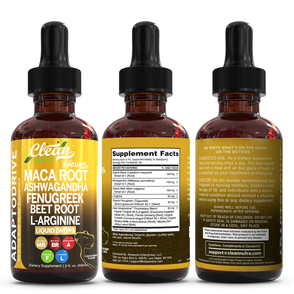 Clean Nutra Maca Root Liquid Drops - Ashwagandha, Beet & L-Arginine | For Women & Men | Adapto Drive