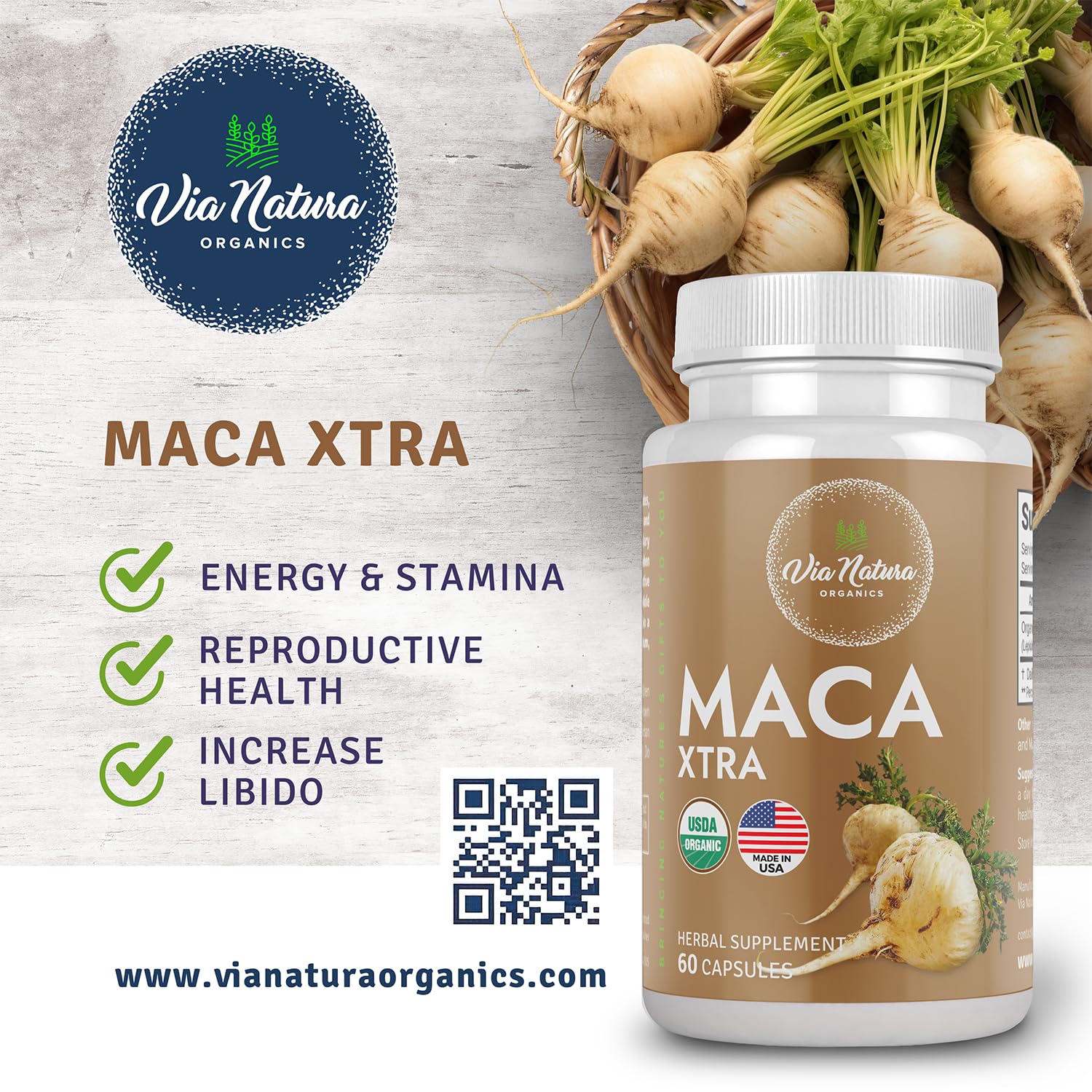 Via Natura Organics Maca Xtra Capsules 1000mg | Organic Herbal Supplement | Natural Source of Amino Acids Iron & Magnesium | 60 Capsules