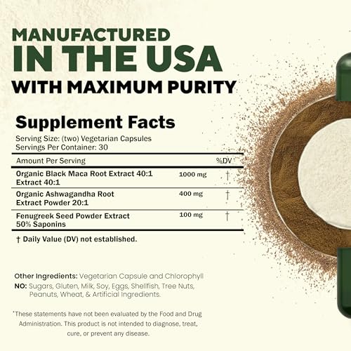 MACAPLUS+ Black Maca Root + Ashwagandha + Fenugreek - #1 Highest Potency Black Maca Root 40,000mg 40x Strength Organic Capsules for Men and Women Supplement 100% Pure Maca Peruana 40:1 Powder Pills