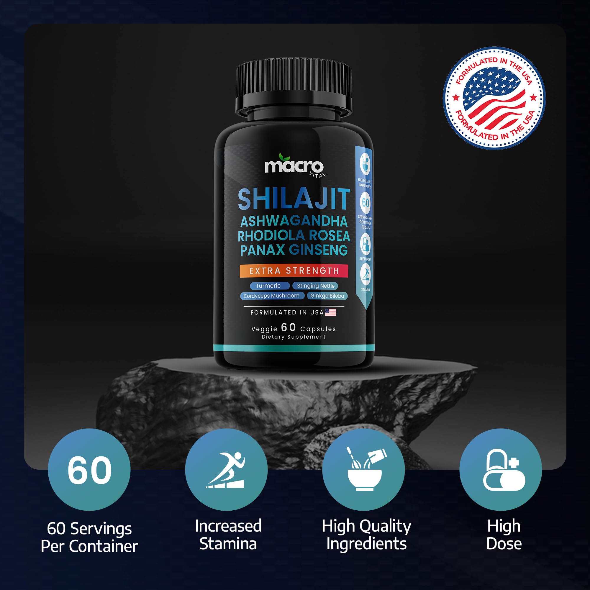 MACRO VITAL Shilajit 8-in-1 Supplement for Men & Women | 60 Veggie Capsules