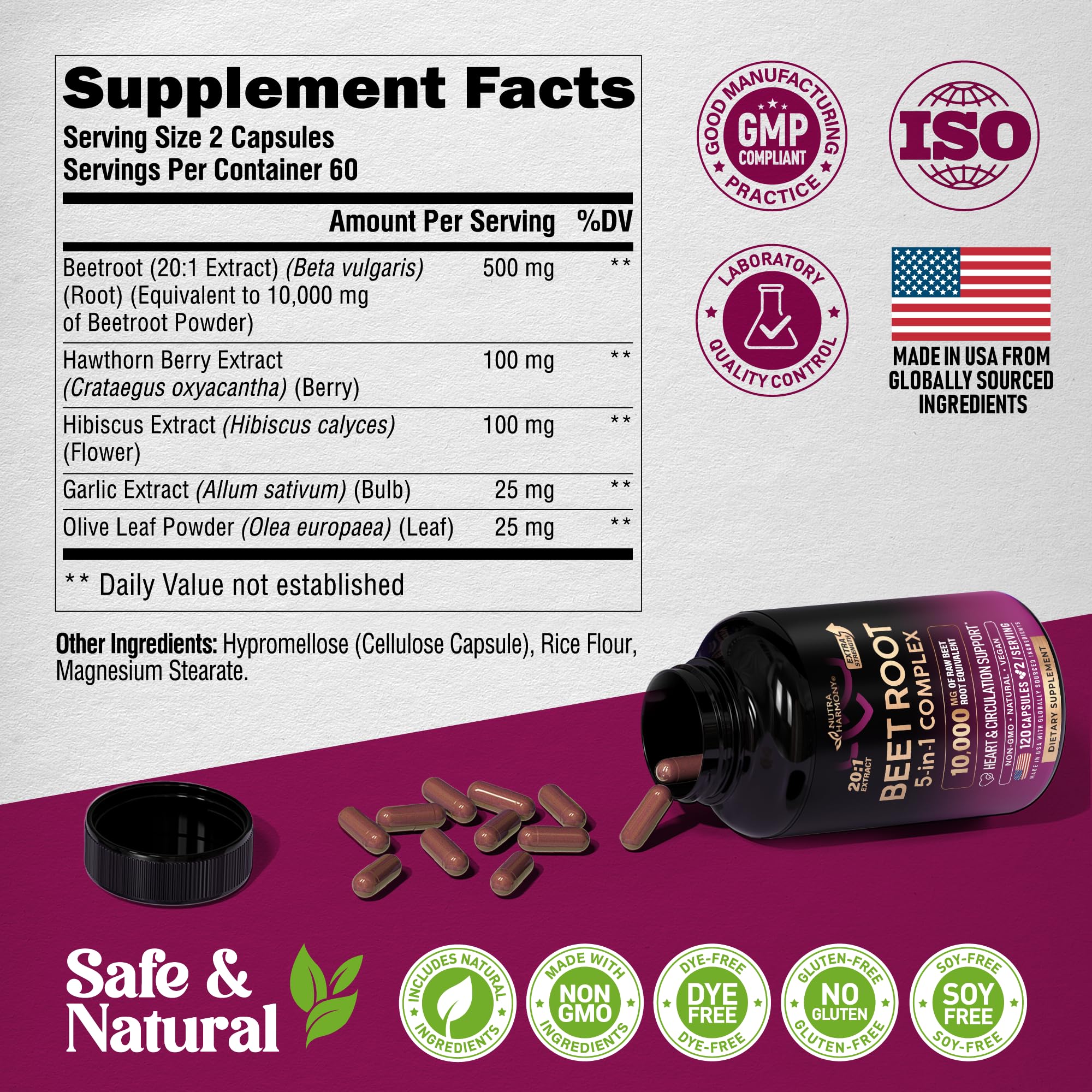 Beet Root Capsules - Heart Health & Blood Pressure Support | Hawthorn Berry, Hibiscus & Garlic - USA Made, 120 Capsules