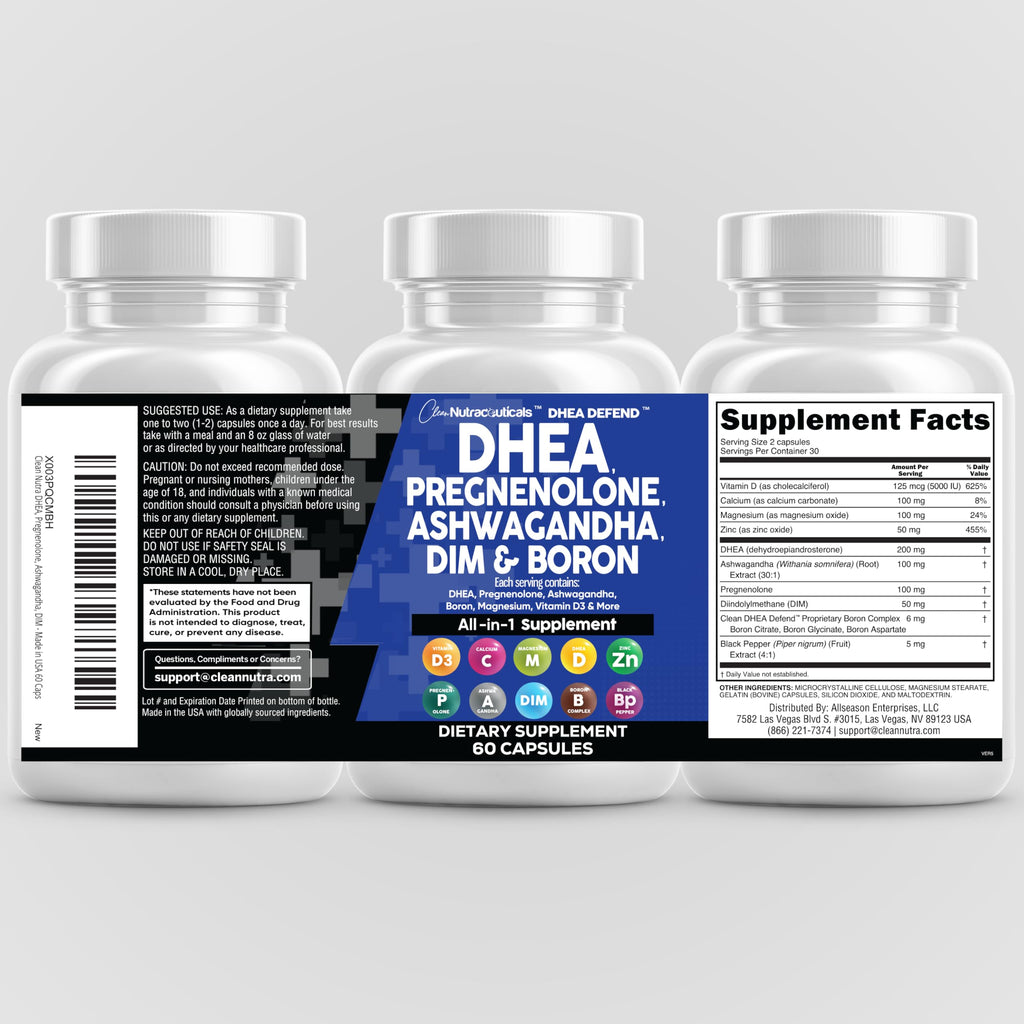 DHEA 200mg & Pregnenolone 100mg Supplement for Men & Women – DIM, Ashwagandha, Boron 6mg, Calcium Magnesium Zinc, Vitamin D3 5000 IU | Made in USA 60 Ct