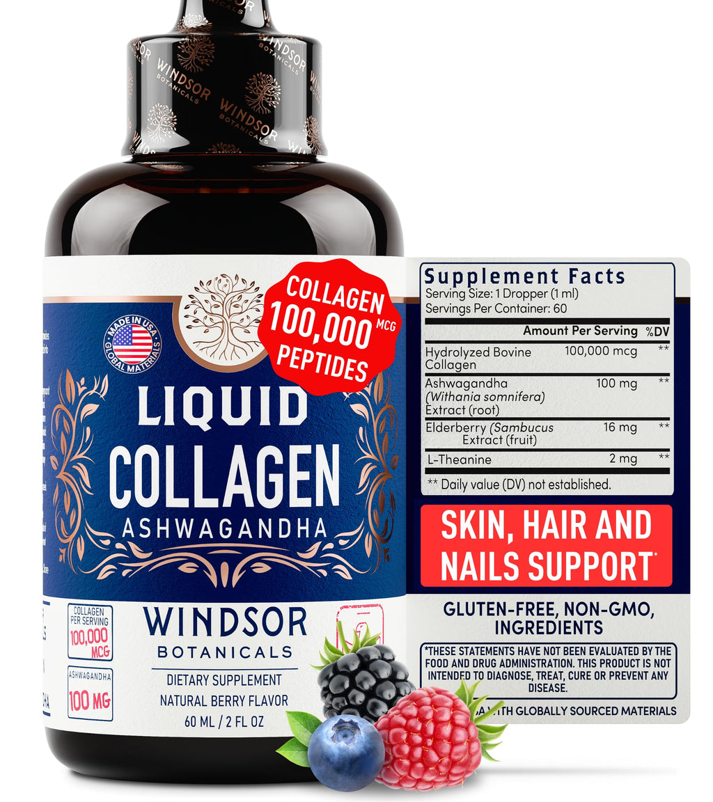 Liquid Collagen Drops with Ashwagandha & L-Theanine – 100,000 mcg, Hair, Skin & Nails, Mood & Energy – 2oz (60 Servings)