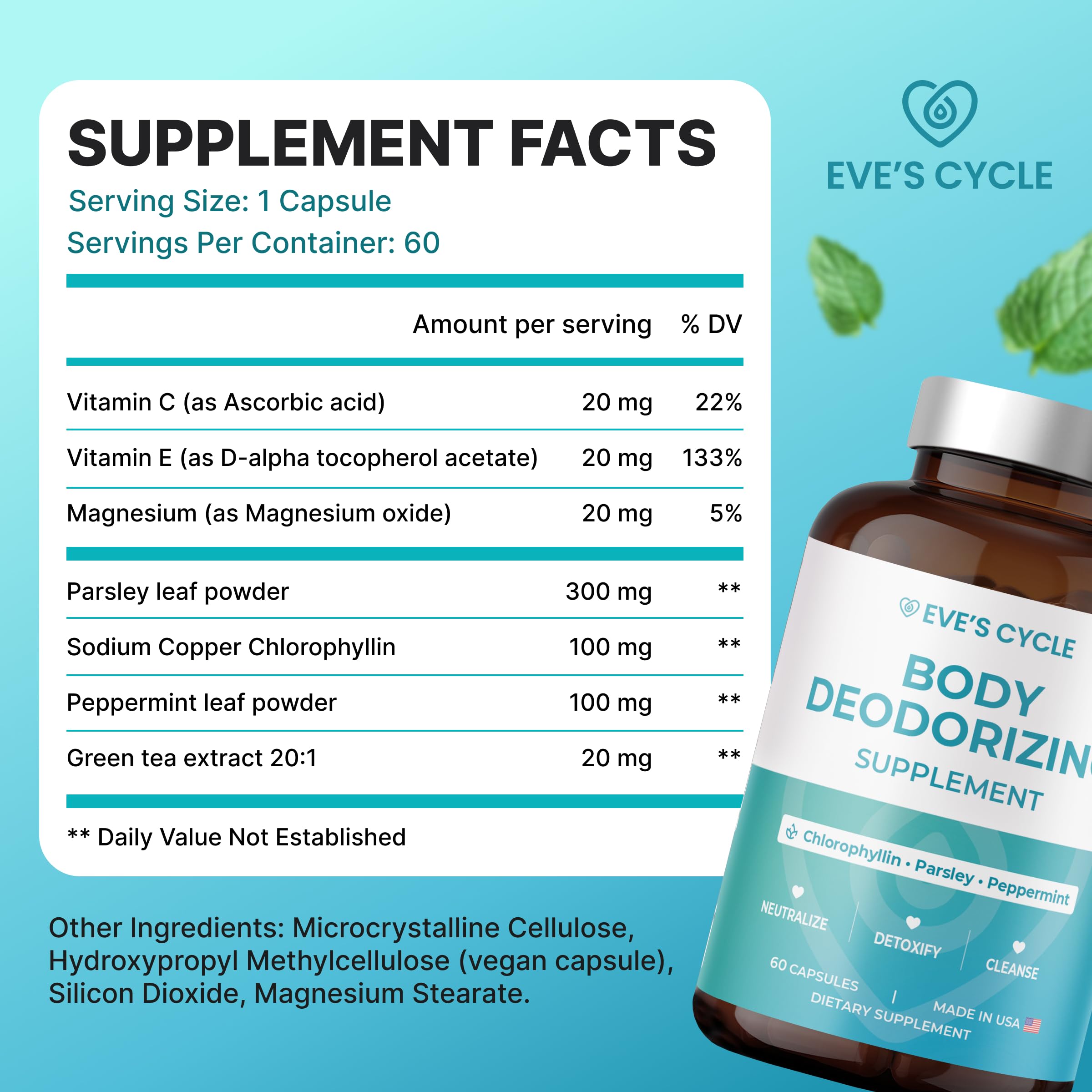 Body Deodorizing Supplement – Internal Chlorophyllin Capsules (Vegan, Made in USA)