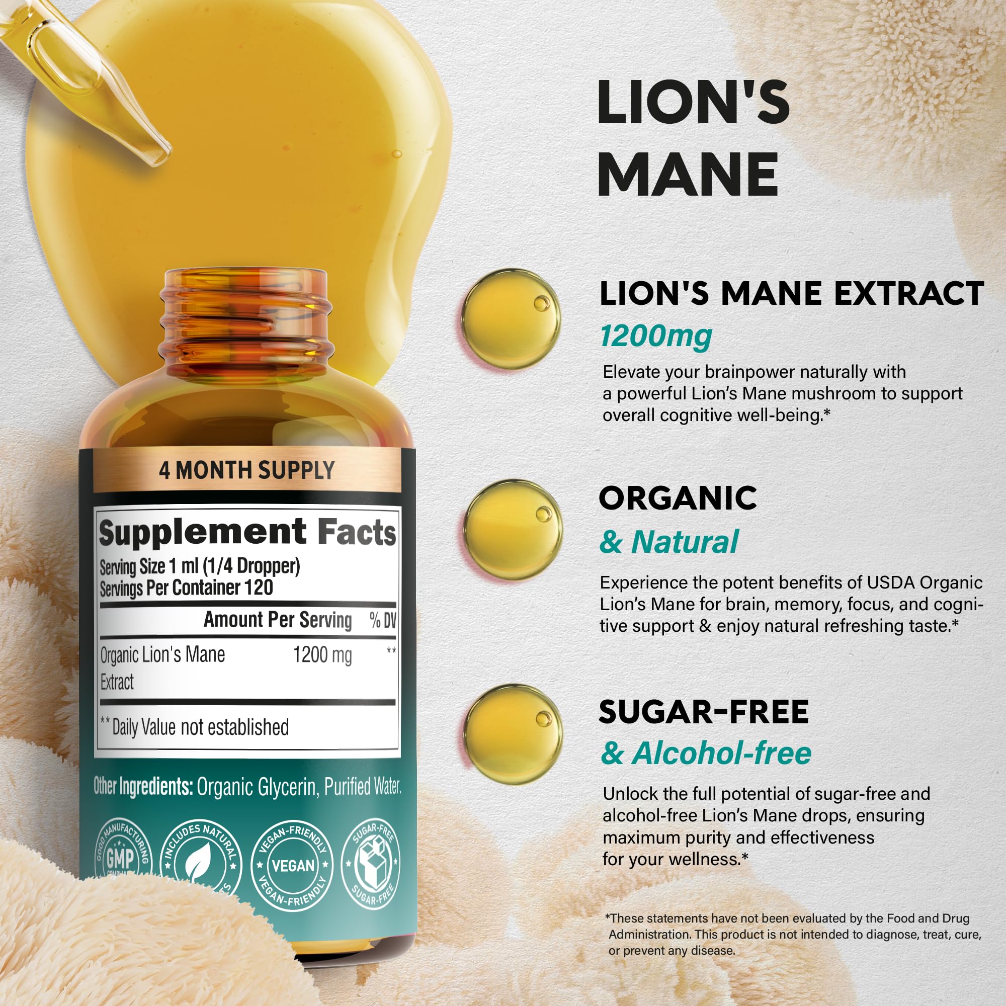 Lions Mane Liquid - USDA Organic Lion's Mane for Brain & Focus