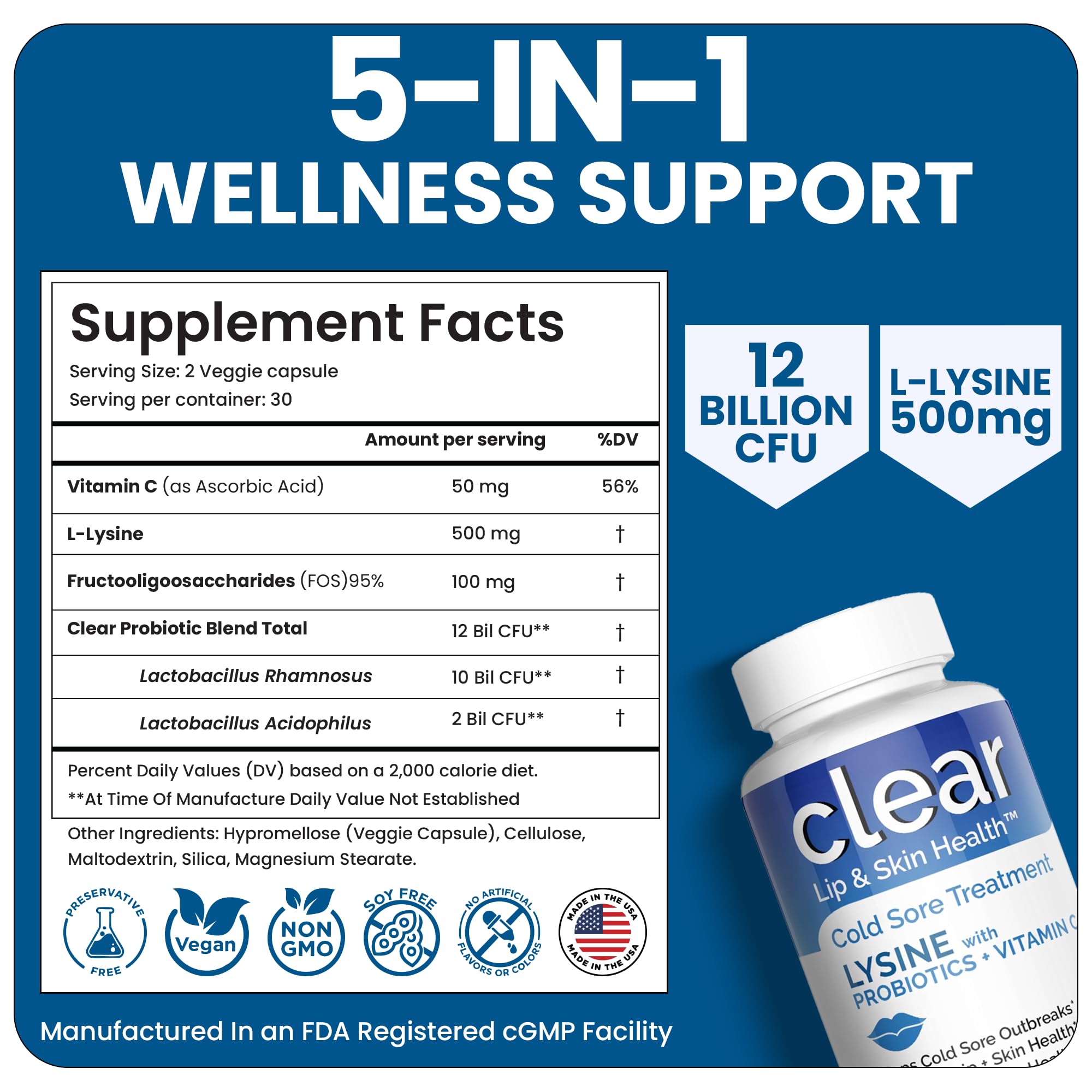 Clear Probiotics Lysine Capsules with Prebiotics & Vitamin C | 1 Month Supply