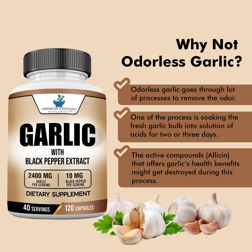 American Standard Garlic 2400mg per Serving with Black Pepper – 120 Capsules (Pack of 2) | Vegan, Gluten Free
