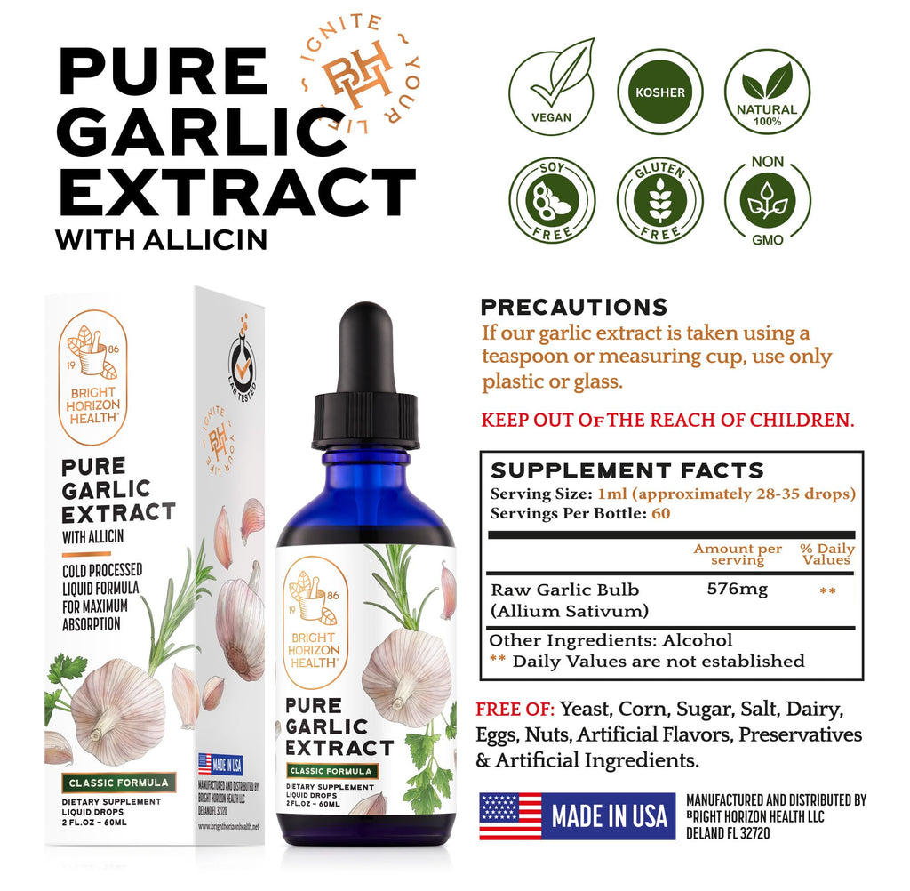 Pure Garlic Extract with Allicin Classic Formula – Immune Support, 2 oz | Vegan Friendly