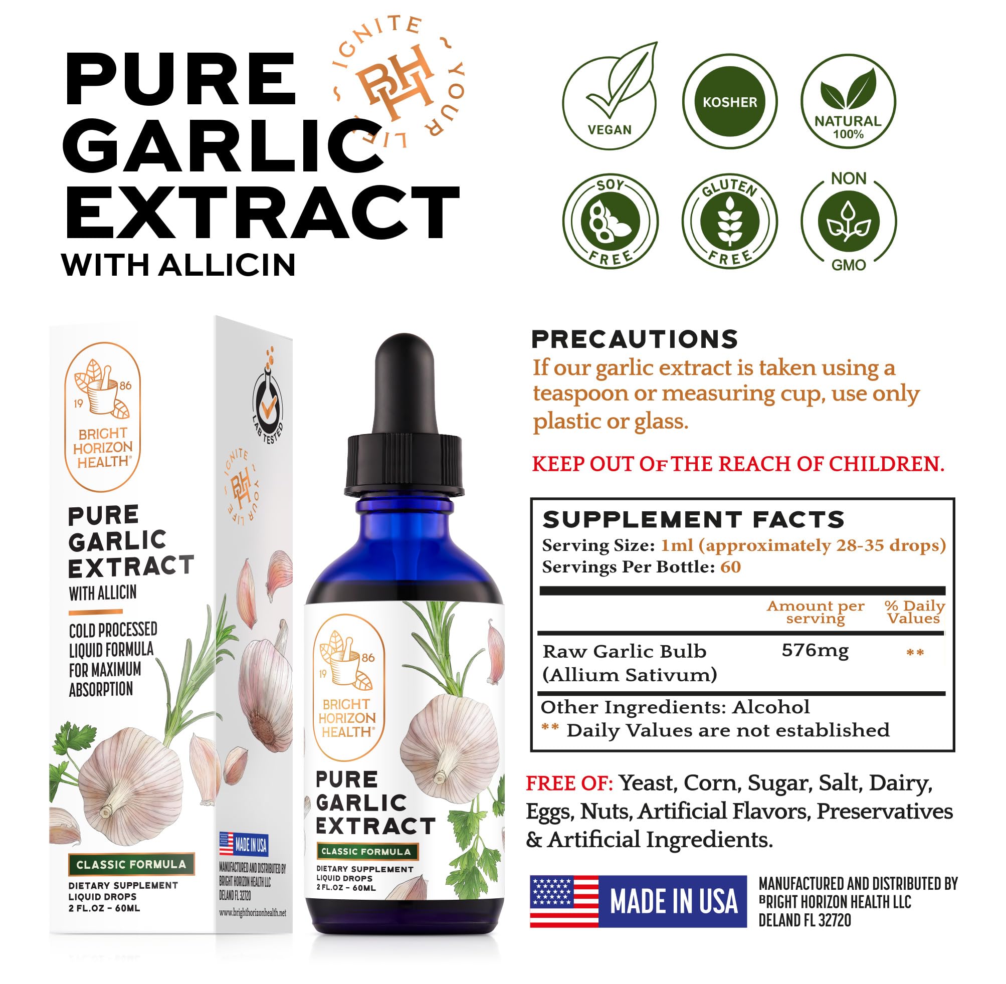 Pure Garlic Extract with Allicin Classic Formula – Immune Support, 2 oz | Vegan Friendly